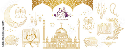Vector set with arabic elements, lettering for Ramadan Greetings, Eid Al-Adha, Eid Mubarak cards. Arabic mosque, koran, crescent, Eastern lanterns for Kurban Bayraminiz. Islamic holidays. Layred