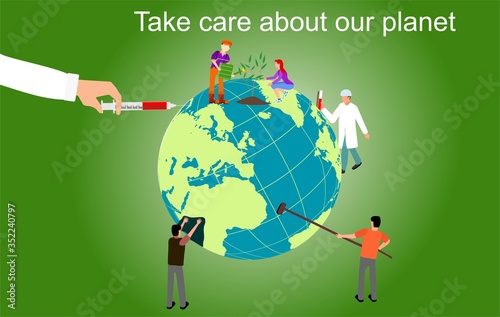 Eco friendly concept. people taking care of the environment and the earth cleaning and care. Vector illustration. Earth day concept. Save the earth. 