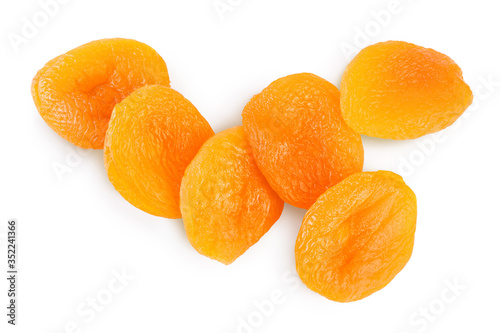 Dried apricots isolated on white background with clipping path and full depth of field. Top view. Flat lay