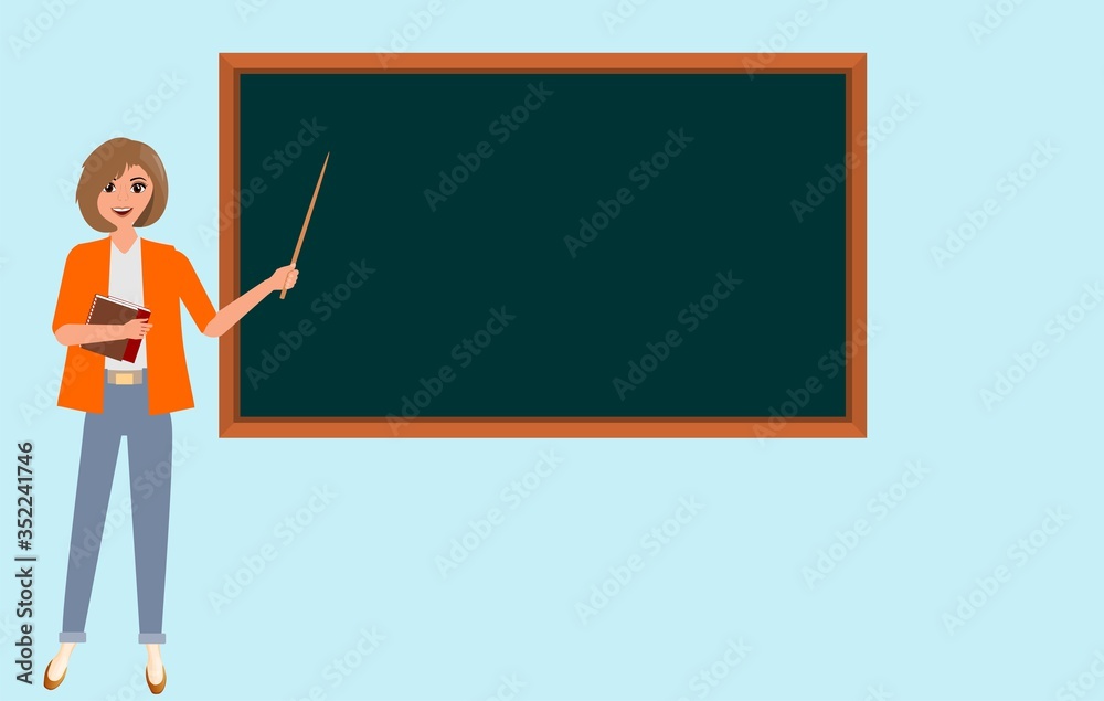 Woman teacher with pointer at hand on lesson at blackboard in classroom. Vector illustration Woman teacher with pointer at hand on lesson at blackboard in classroom. Vector illustration