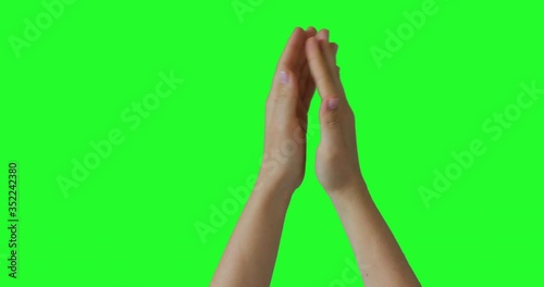 Isolated Woman Clapping hands and Showing Applause Sign Symbol. Green Screen Compositing. Pack of Gestures Movements on Keyed Chroma Key Background. Body Language. 