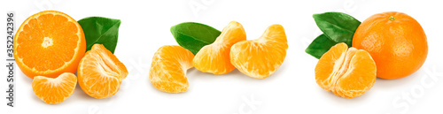 tangerine or mandarin fruit with leaves isolated on white background. Set or collection