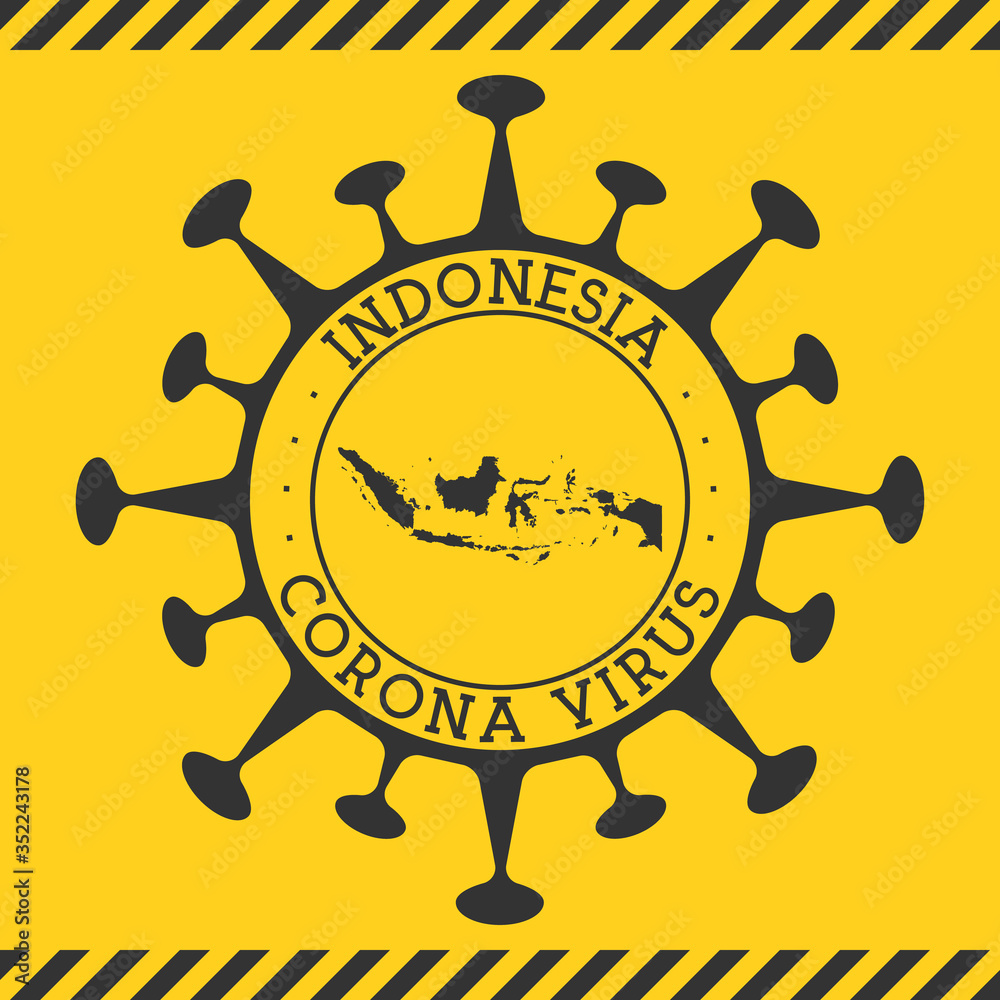 Corona virus in Indonesia sign. Round badge with shape of virus and Indonesia map. Yellow country epidemy lock down stamp. Vector illustration.