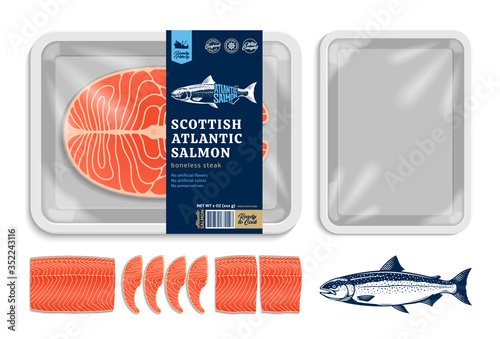 Vector Atlantic salmon packaging illustration. White foam tray with plastic film mockup. Modern style seafood label