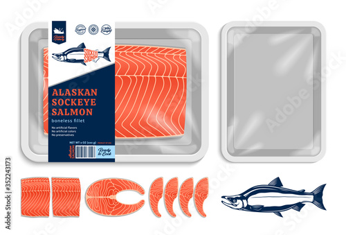 Vector sockeye salmon packaging illustration. White foam tray with plastic film mockup. Modern style seafood label