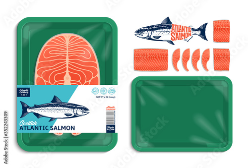 Vector Atlantic salmon packaging illustration. Green foam tray with plastic film mockup. Modern style seafood label