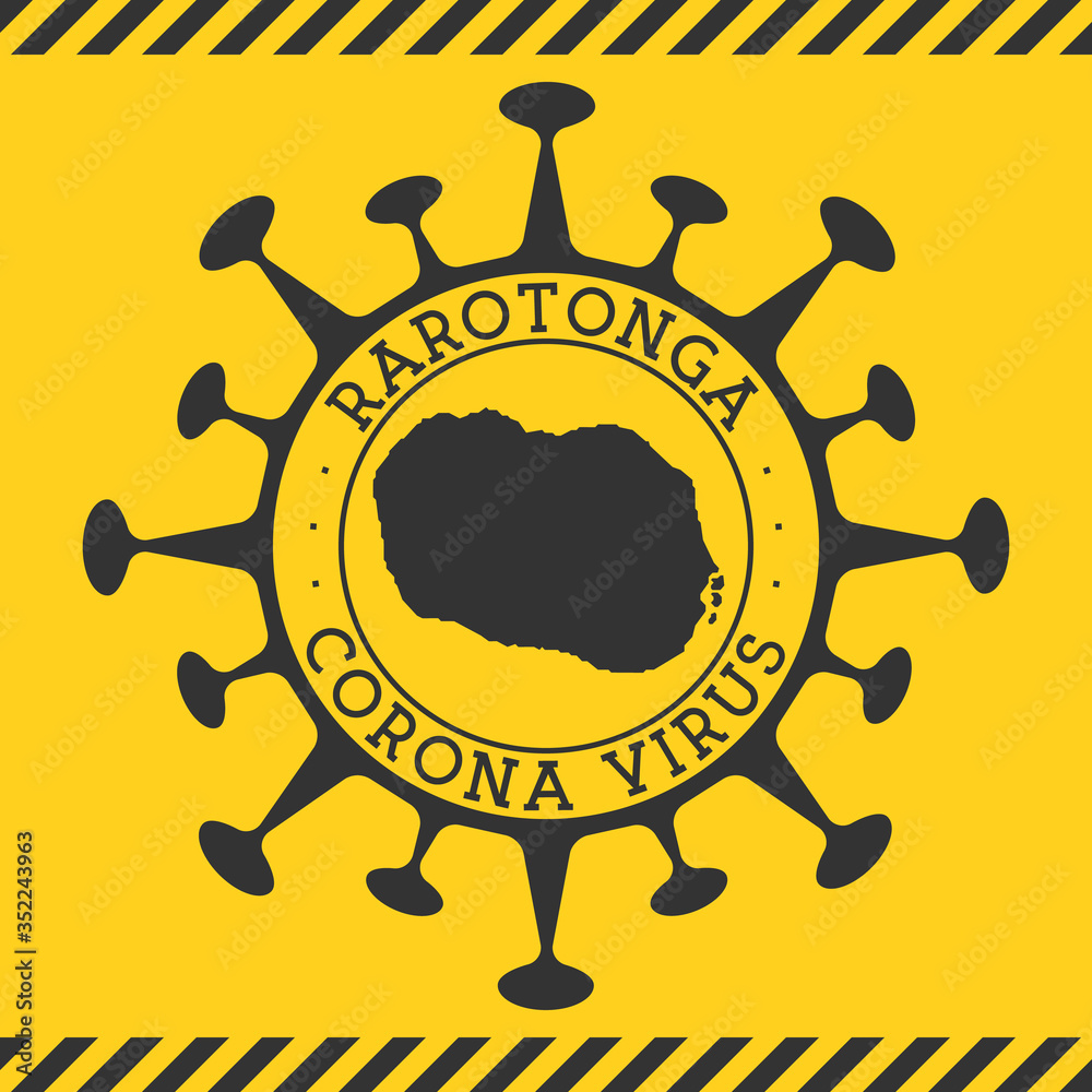 Corona virus in Rarotonga sign. Round badge with shape of virus and Rarotonga map. Yellow island epidemy lock down stamp. Vector illustration.