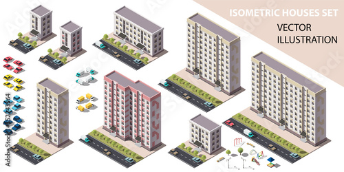 Public residential buildings isometry set. Isometric view of the house and cars. Cityscape design elements with isometric 3D object for video games or real estate advertising. Vector Illustration