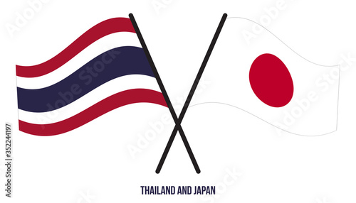 Thailand and Japan Flags Crossed And Waving Flat Style. Official Proportion. Correct Colors