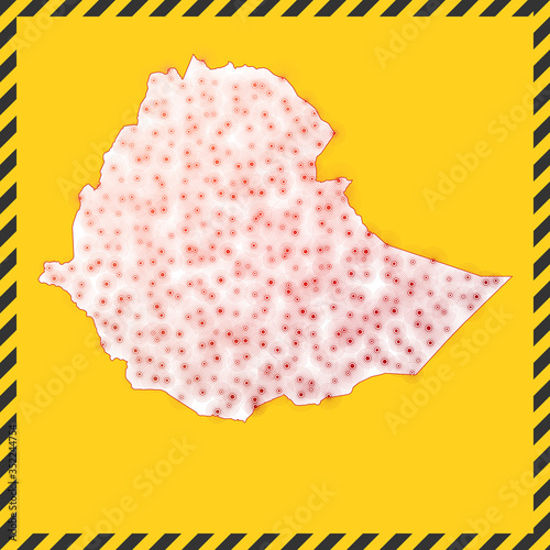 Ethiopia closed - virus danger sign. Lockdown country icon. Black striped border around map with virus spread concept. Vector illustration.