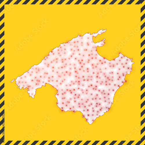 Majorca closed - virus danger sign. Lock down island icon. Black striped border around map with virus spread concept. Vector illustration.