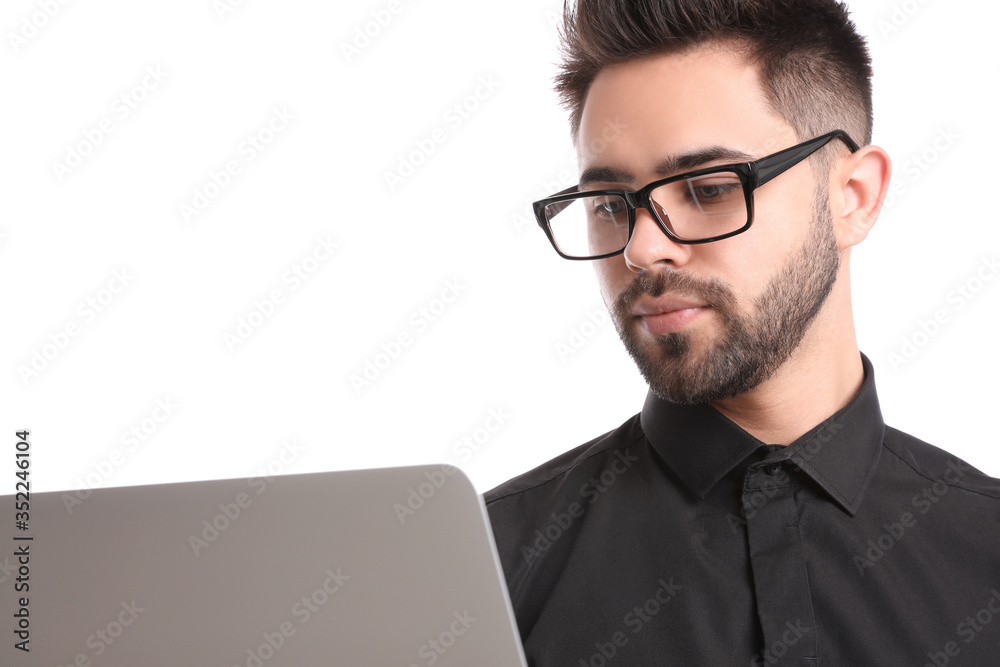 Young businessman with laptop on white background Young businessman with laptop on white background