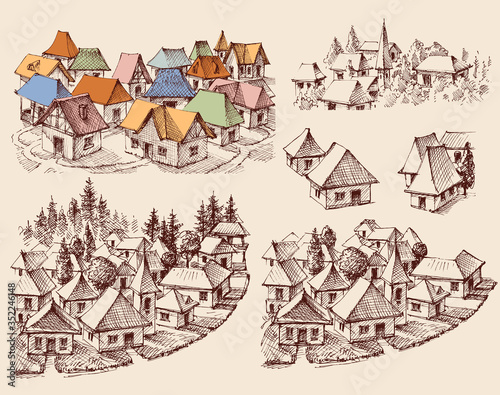 Small city, towns, urban house building vector set