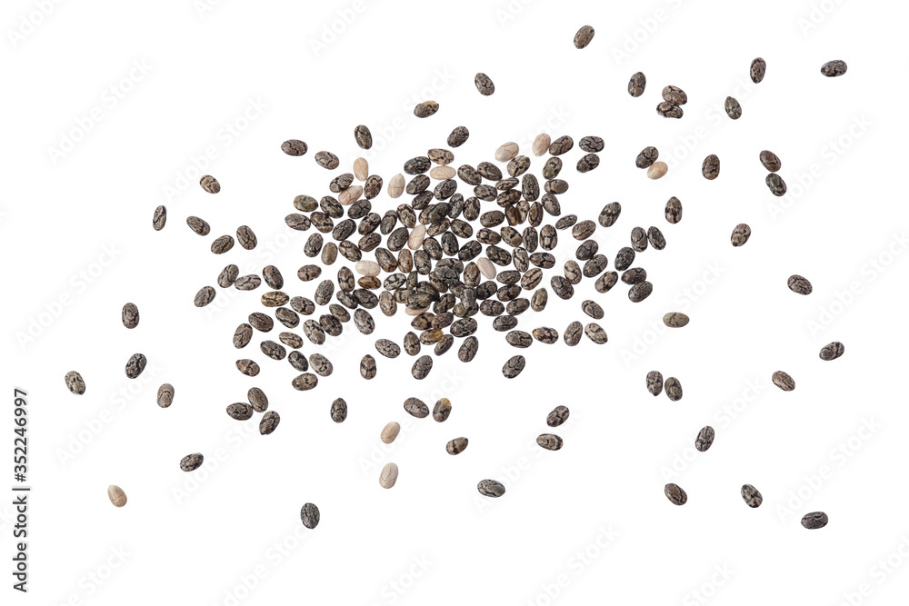 Chia seeds isolated on white background with clipping path and full depth of field. Top view. Flat lay. Chia seeds isolated on white background with clipping path and full depth of field. Top view. Flat lay.