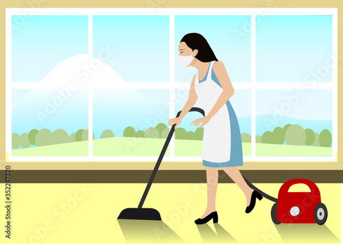 Young beautiful woman wearing face mask, cleaning carpet in house with vaccum cleaner/ hoover. Idea for hygiene housekeeping to protect from covid-19, coronavirus diseases or cleaning service concept