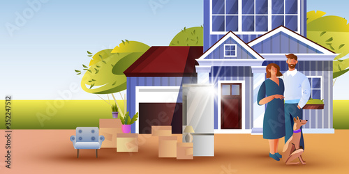 New home banner with young family, vintage house, furniture, boxes, dog. Mortgage concept with smiling couple near their cottage in suburb. Relocation illustration in flat style with husband and wife