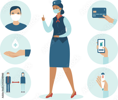 Airport safety guidance for travel by air during pandemic. Icon set for coronavirus COVID-19 outbreak. Stewardess character wearing protective medical mask. Flat vector character