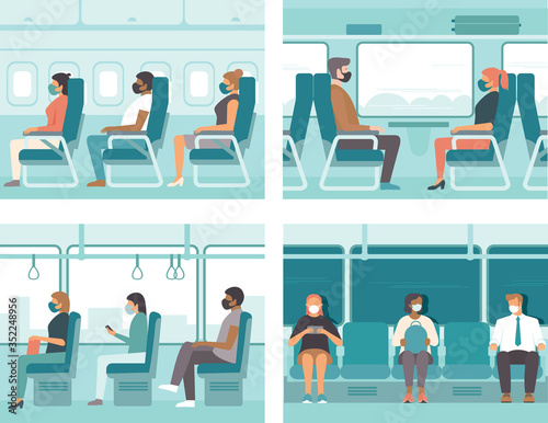 People in public transport wearing protective masks. Safe travel concept for  coronavirus COVID-19 pandemic quarantine.  
