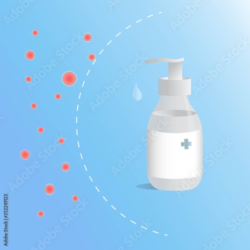 Hand sanitizer bottle on a blue background, protection against viruses and germs. photo