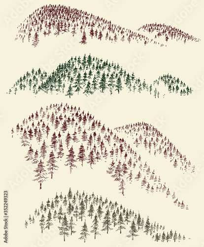Mountain forest vector set. Hand drawn coniferous woods peaks