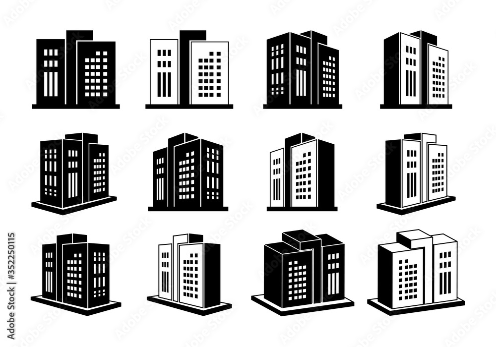 Building and company icons on white background, Vector bank and office collection, Black edifice and residential, Set apartment and condo illustration