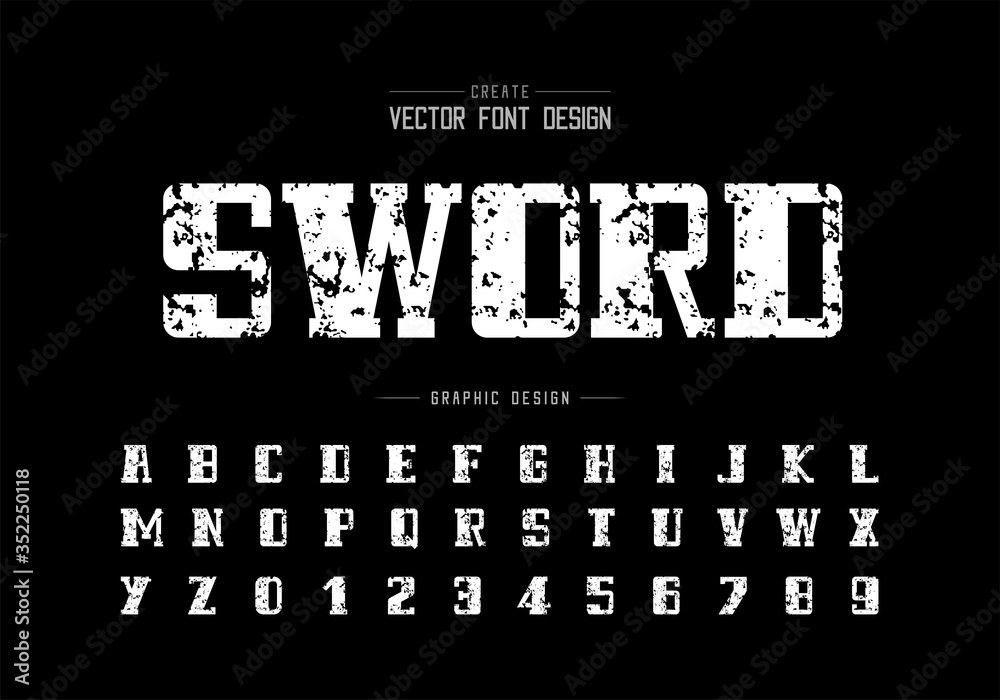 Vintage font and bold alphabet vector, Texture script and number design, Sword graphic text on background