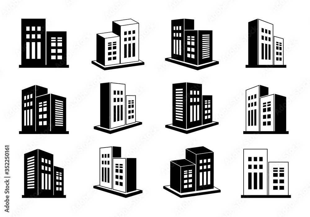Building and company icons vector set, Black line hotel condo and apartment illustration on white background, Isometric graphic bank and office silhouette Building and company icons vector set, Black line hotel condo and apartment illustration on white background, Isometric graphic bank and office silhouette