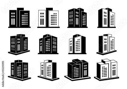 Building and company icons on white background, Vector bank and office collection, Black edifice and residential, Set apartment and condo illustration
