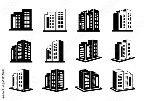 Building and company icons vector set, Perspective bank and office on white background, Line modern construction and edifice illustration