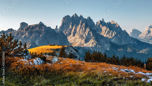 Fantastic colorful landscape of Dolomite mountains during sunset. National Nature Park Tre Cime In the Dolomites Alps. Beautiful nature of Italy.
