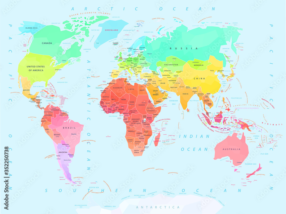 Geometric World map with names of countries and capitals