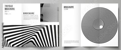 The minimal vector illustration layouts. Modern creative covers design templates for trifold brochure or flyer. Abstract 3D geometrical background with optical illusion black and white design pattern.