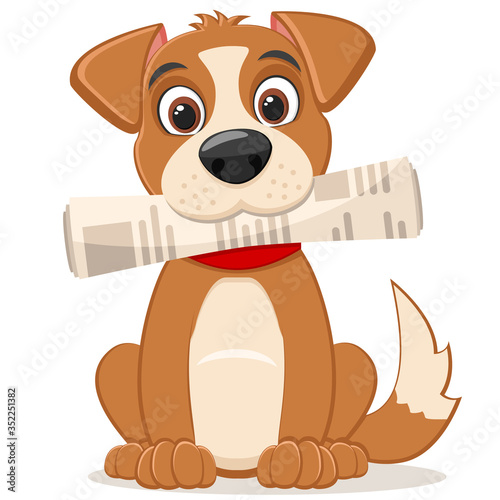 Dog with a newspaper sitting on a white. Character