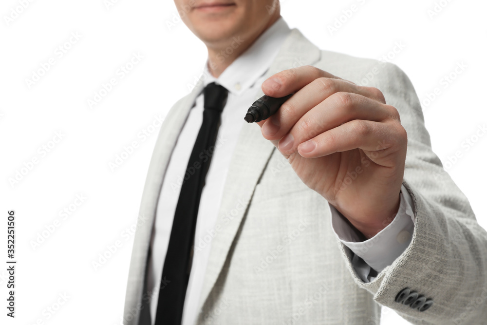 Businessman with marker on white background, closeup Businessman with marker on white background, closeup