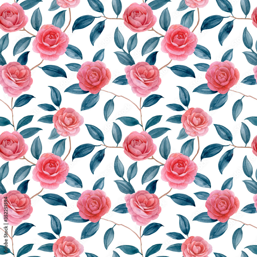 Pink flowers and blue leaves painted by watercolor on a white background. Botanical patten seamless. Art composition. Pink flowers and blue leaves painted by watercolor on a white background. Botanical patten seamless. Art composition.