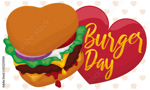 Lovely Burger with Heart Label to Celebrate Hamburger Day, Vector Illustration