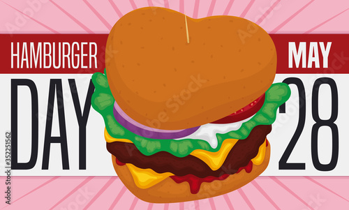 Delicious Burger in Heart Shape to Celebrate Hamburger Day, Vector Illustration