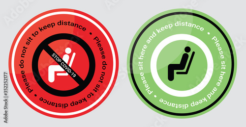Please do not sit and sit here sign to prevent from Coronavirus or Covid-19 pandemic. Keep distance 6 feet or 2 meters physical distancing for chair, seat, shuttle bus, subway, railway, tram, train.