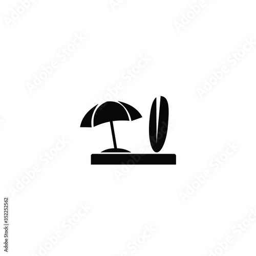 Umbrella and surfboard in summer season vector solid icons
