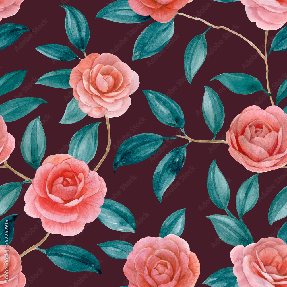 Seamless pattern of flowers and leaves. Watercolor botanical pattern. For wrapping paper, textile and print.