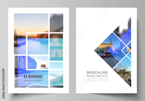 The vector layout of A4 format modern cover mockups design templates for brochure, magazine, flyer, booklet, annual report. Creative trendy style mockups, blue color trendy design backgrounds.