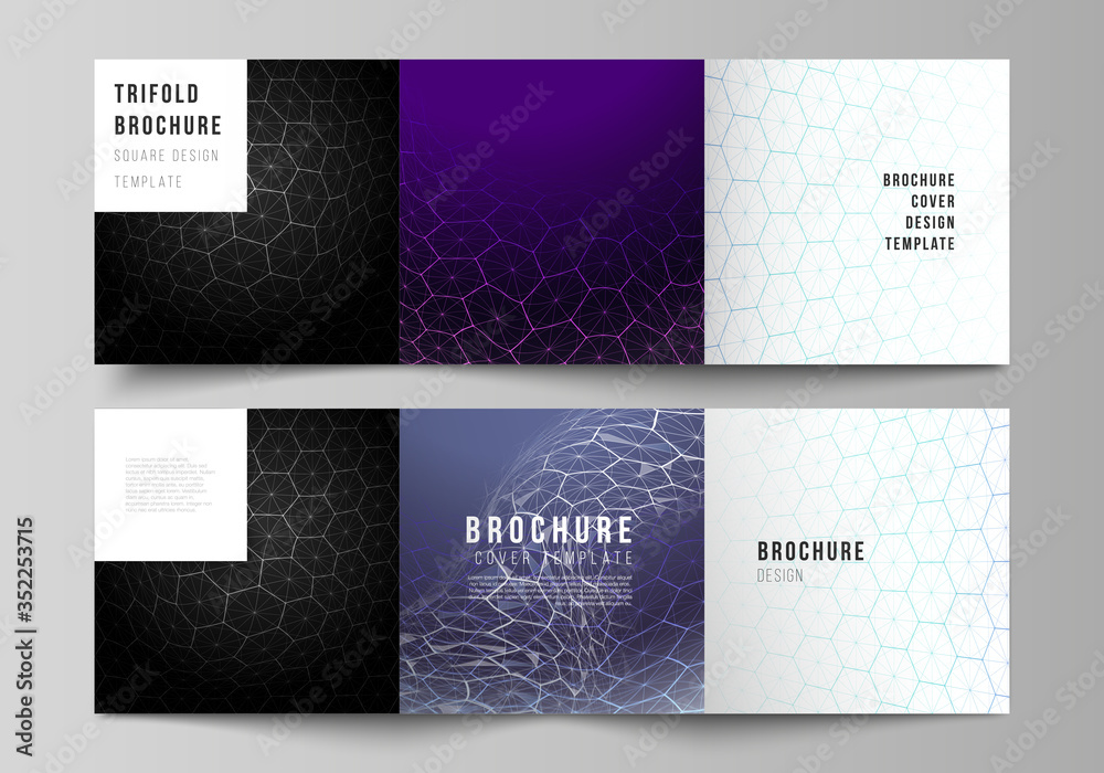 Fototapeta premium Vector layout of square format covers design templates for trifold brochure. Digital technology and big data concept with hexagons, connecting dots and lines, polygonal science medical background.