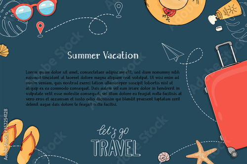 Poster on the theme of summer travel, leisure and adventure. A suitcase on wheels, summer accessories and a place for your text on a dark blue background.