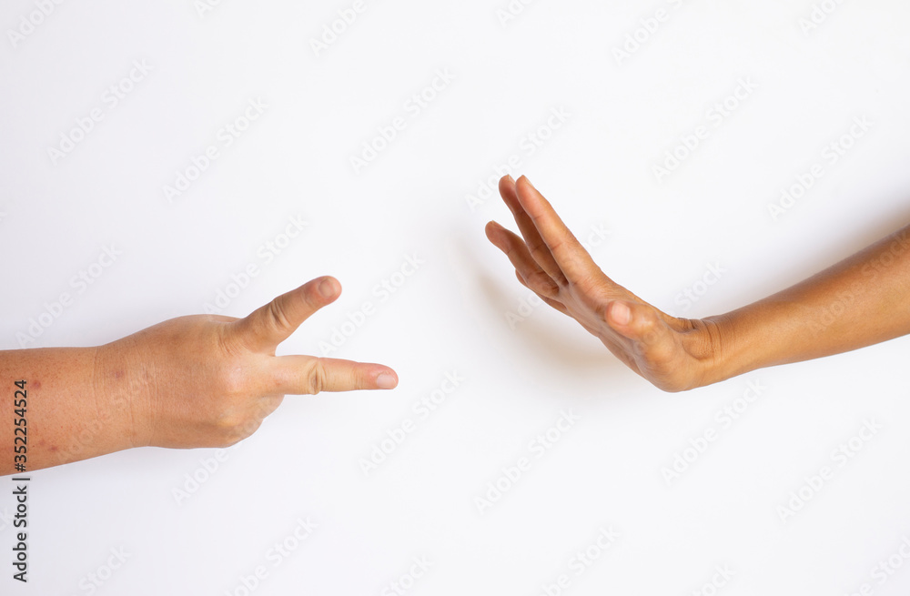 Fingers and two hands symbolize their symbol on a white background.