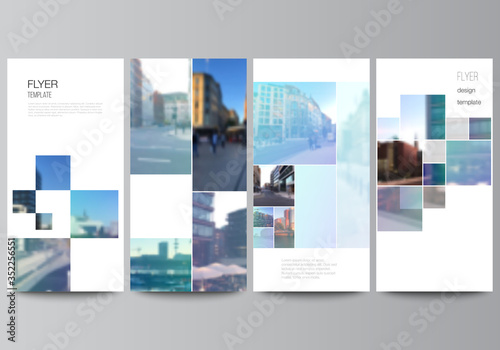 Vector layout of flyer, banner templates for website advertising design, vertical flyer design, website decoration backgrounds. Abstract design project in geometric style with blue squares.