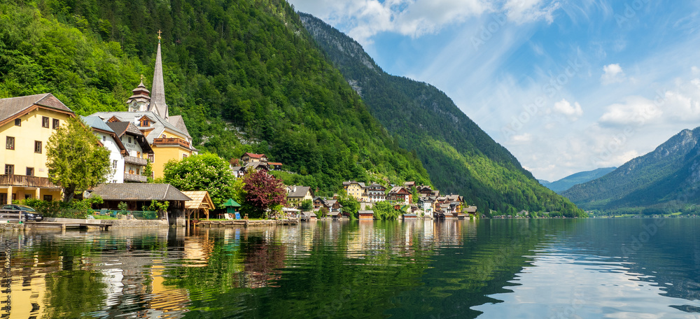 Scenic view of the famous mountain village Hallstatt in the Salzkammergut region, OÖ, Austria, seen from Lake Hallstatt