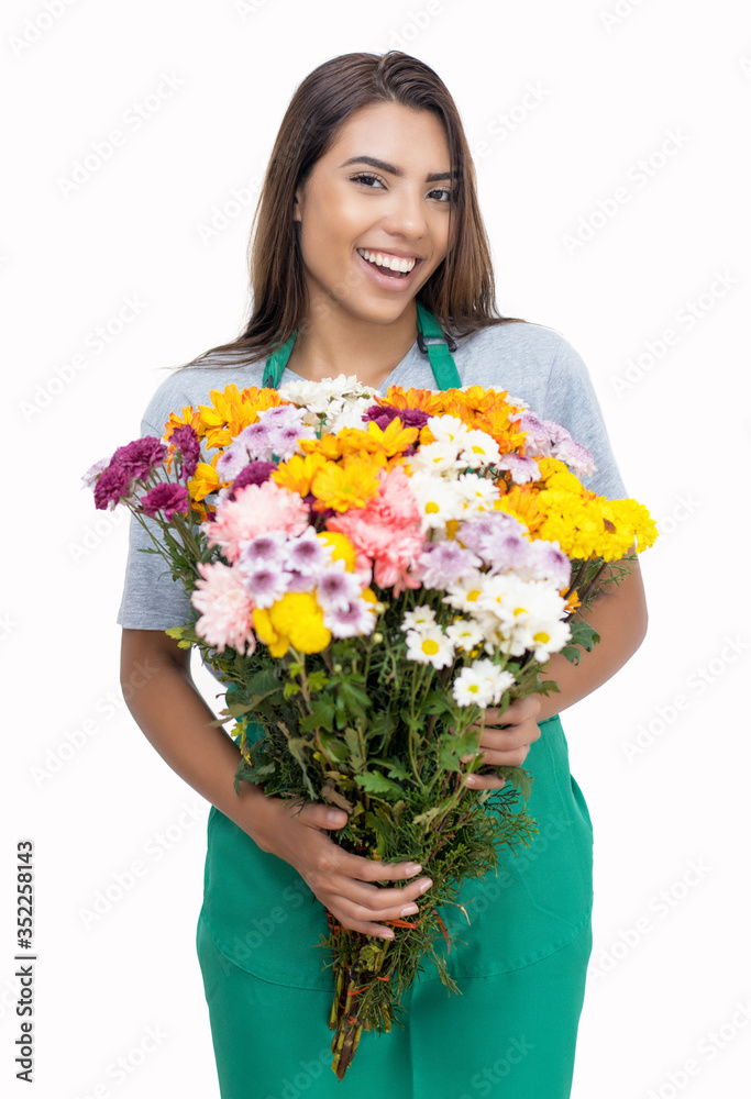 Lachende junge Blumenverkäuferin mit Blumenstrauss Lachende junge Blumenverkäuferin mit Blumenstrauss