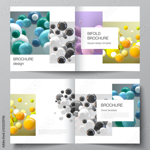 Vector layout of two covers templates for square bifold brochure, flyer, magazine, cover design, book design. Abstract vector futuristic background with colorful 3d spheres, glossy bubbles, balls.