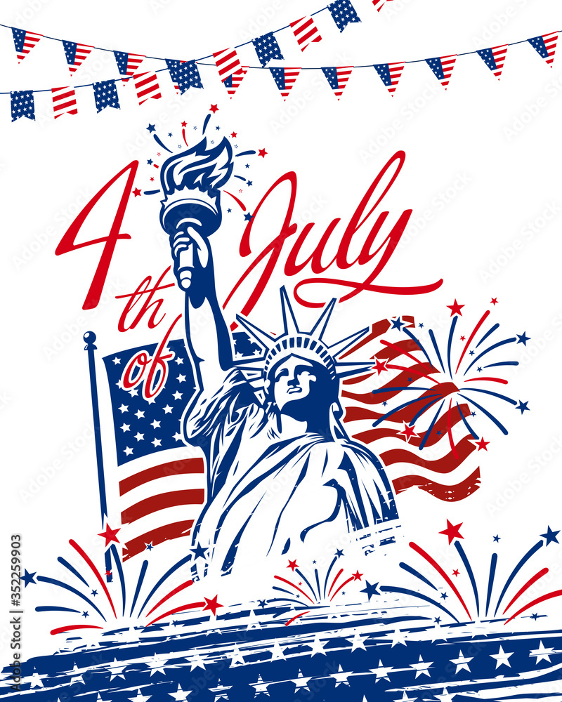 Celebrating 4th of July American independence day with statue of liberty, American waving flag in the back, garlands, grunge star brush stroke use for greeting postcard, sale banner, web slider, etc.