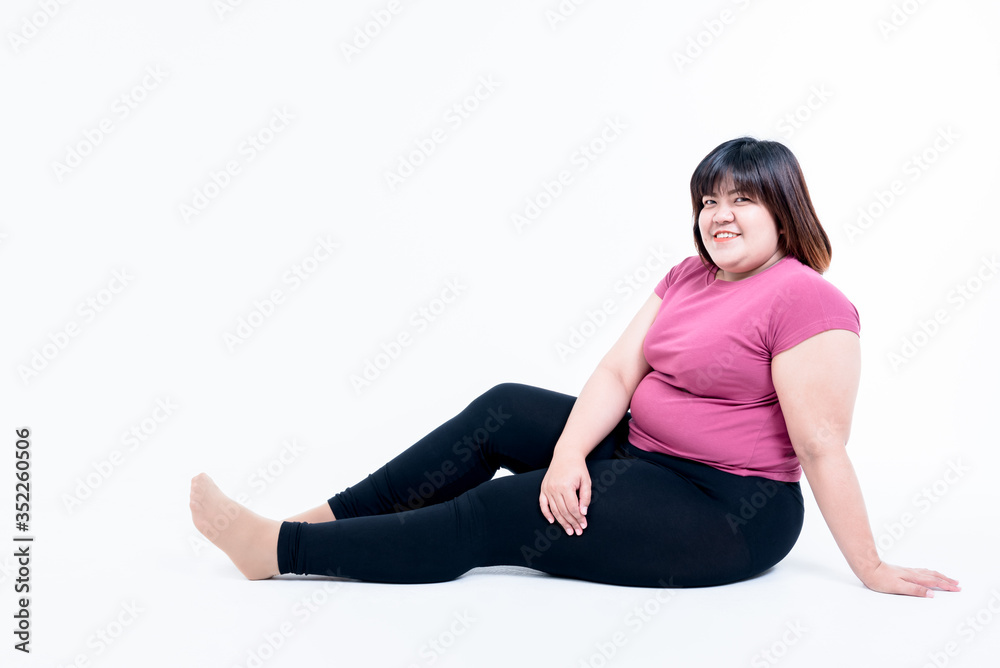 Portrait images of Asian fat woman are sitting and smiling On white background, to pretty woman and health care concept. Portrait images of Asian fat woman are sitting and smiling On white background, to pretty woman and health care concept.
